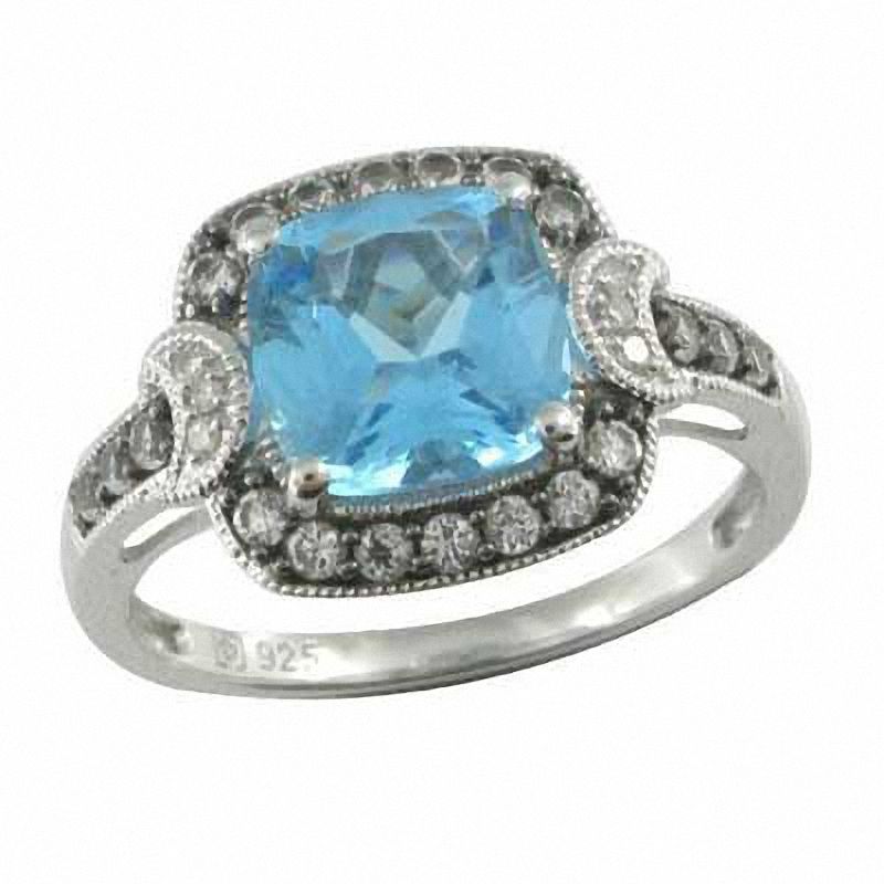 Cushion-Cut Swiss Blue Topaz and Lab-Created White Sapphire Frame Ring in Sterling Silver