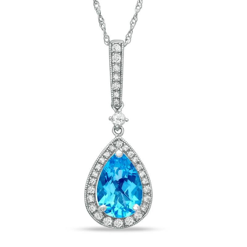 Pear-Shaped Swiss Blue Topaz and Lab-Created White Sapphire Frame Drop Pendant in Sterling Silver