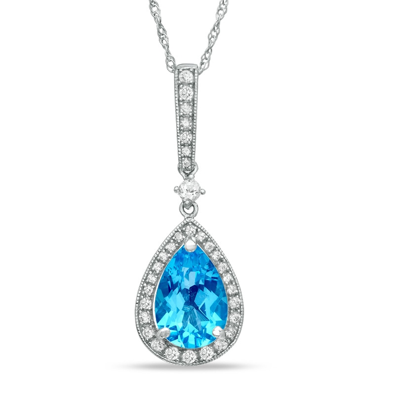 Main Image 1 of Pear-Shaped Swiss Blue Topaz and Lab-Created White Sapphire Frame Drop Pendant in Sterling Silver