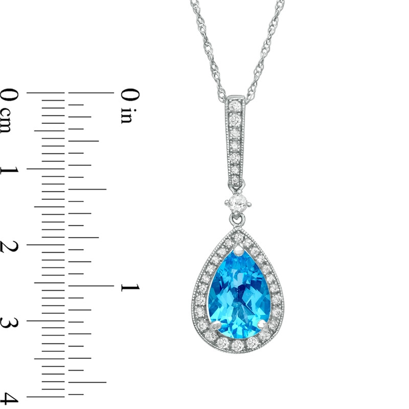 Pear-Shaped Swiss Blue Topaz and Lab-Created White Sapphire Frame Drop Pendant in Sterling Silver