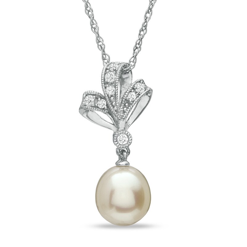 Main Image 1 of 7.5-8.0mm Freshwater Cultured Pearl and Lab-Created White Sapphire Bow Pendant in Sterling Silver
