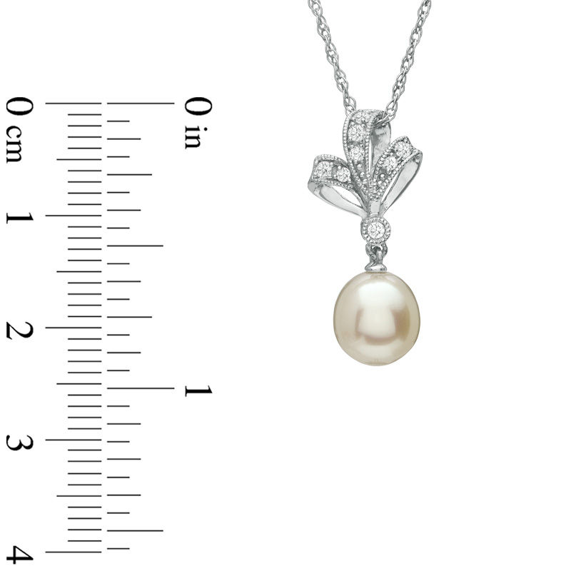 Main Image 2 of 7.5-8.0mm Freshwater Cultured Pearl and Lab-Created White Sapphire Bow Pendant in Sterling Silver