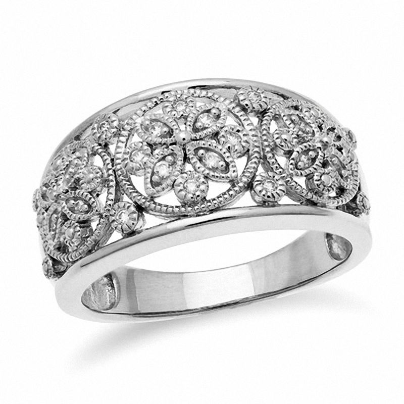 Main Image 1 of 1/10 CT. T.W. Diamond Filigree Band in Sterling Silver