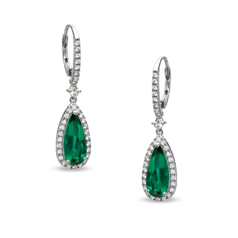 Pear-Shaped Lab-Created Emerald and White Sapphire Drop Earrings in Sterling Silver