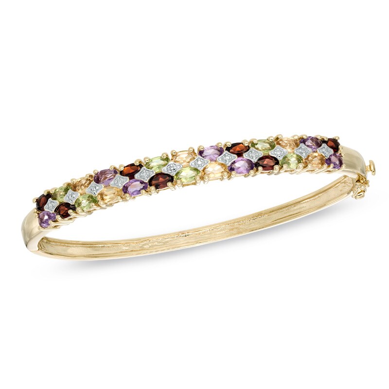 Multi Semi-Precious Gemstone and Diamond Accent Bangle in Sterling Silver with 14K Gold Plate - 7.25"