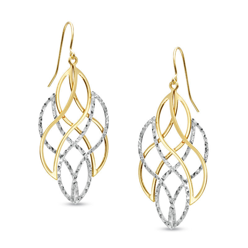 Main Image 1 of Two-Tone Diamond-Cut Swirl Drop Earrings 14K Gold and Sterling Silver