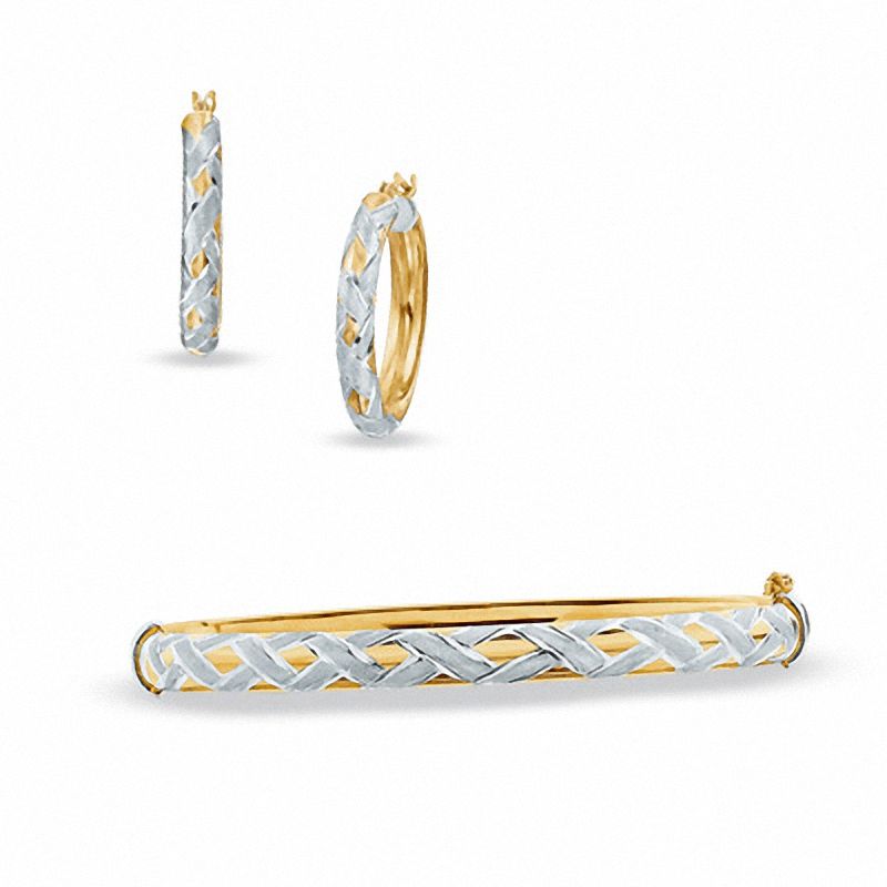 Sterling Silver with 14K Gold Plate Diamond-Cut Quilted Bangle and Earrings Set