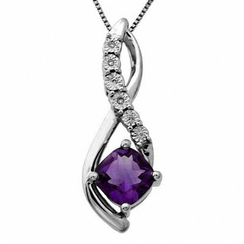Main Image 1 of Cushion-Cut Amethyst and Diamond Accent Pendant in Sterling Silver