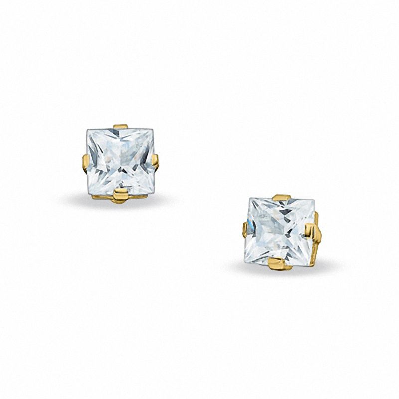 Main Image 1 of 7.0mm Princess-Cut Lab-Created White Sapphire Stud Earrings in Sterling Silver with Gold Plate