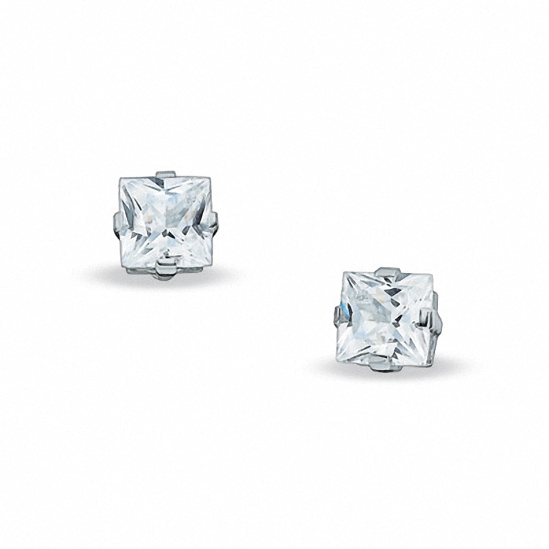 7.0mm Princess-Cut Lab-Created White Sapphire Stud Earrings in Sterling Silver