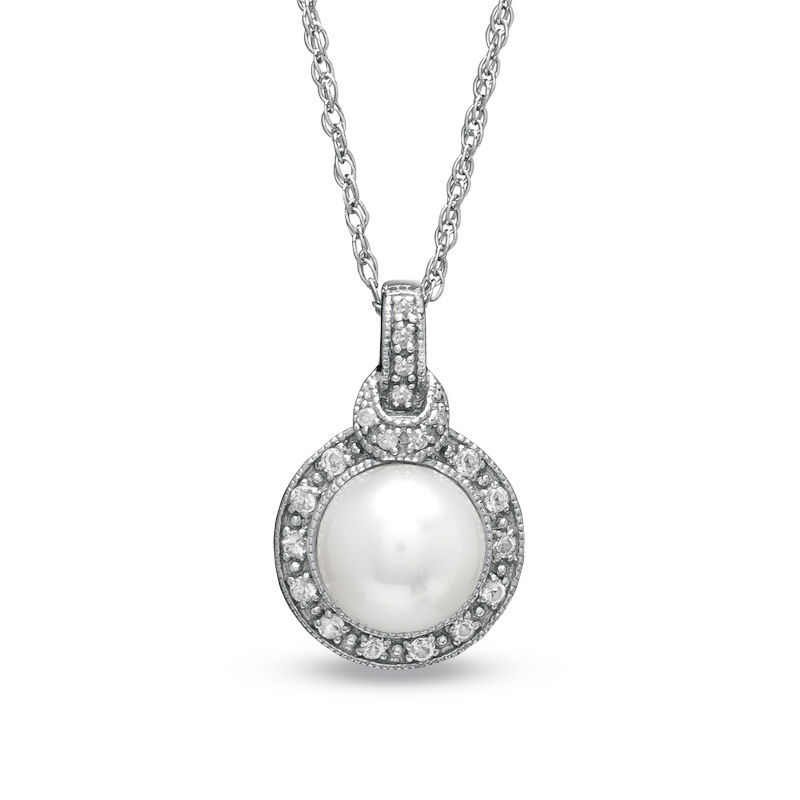 7.5 - 8.0mm Cultured Freshwater Pearl and White Topaz Pendant in Sterling Silver with Diamond Accents