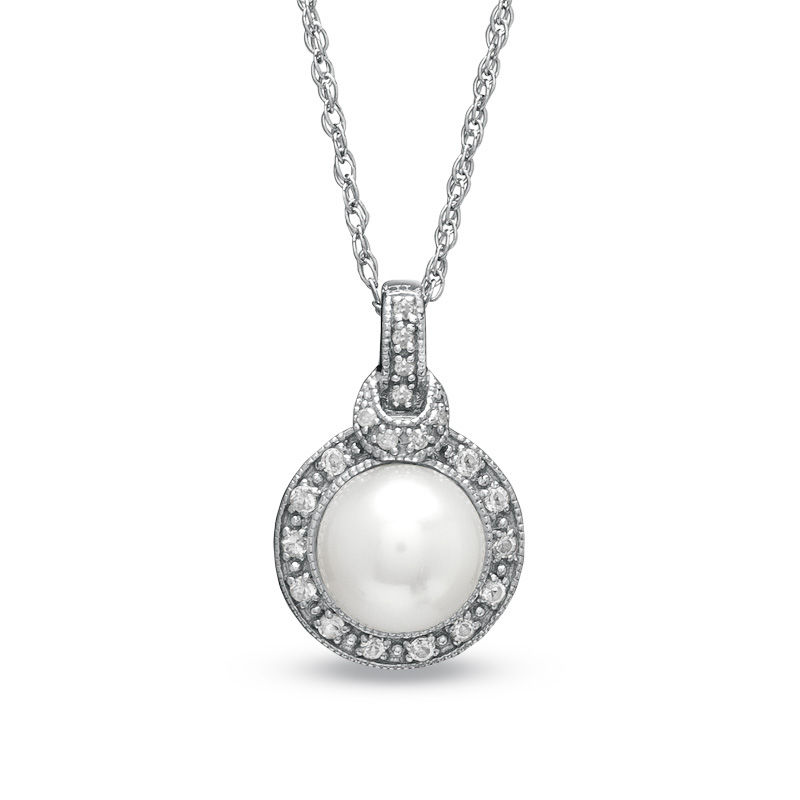 Main Image 1 of 7.5-8.0mm Freshwater Cultured Pearl and White Topaz Pendant in Sterling Silver with Diamond Accents