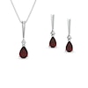 Thumbnail Image 1 of Pear-Shaped Garnet and Diamond Accent Drop Pendant and Earrings Set in Sterling Silver
