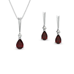 Pear-Shaped Garnet and Diamond Accent Drop Pendant and Earrings Set in Sterling Silver