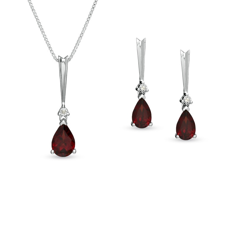 Main Image 1 of Pear-Shaped Garnet and Diamond Accent Drop Pendant and Earrings Set in Sterling Silver