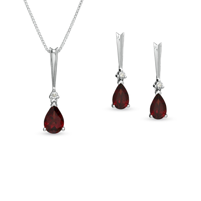 Pear-Shaped Garnet and Diamond Accent Drop Pendant and Earrings Set in ...