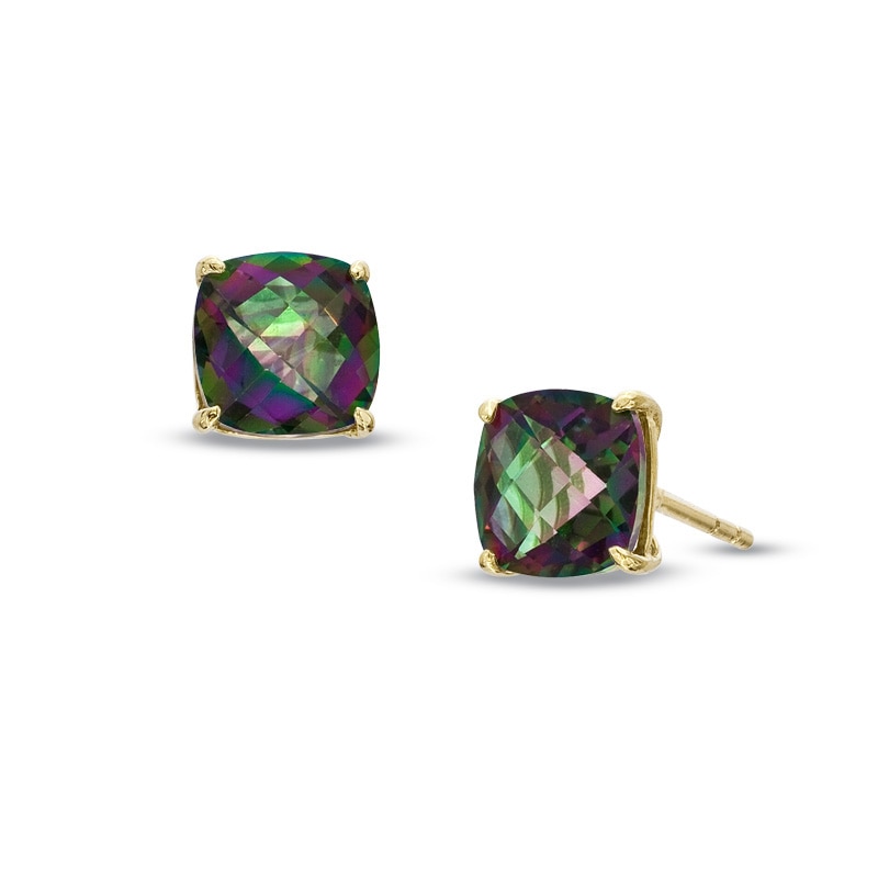 Main Image 1 of 8.0mm Cushion-Cut Mystic Fire® Topaz Stud Earrings in 14K Gold