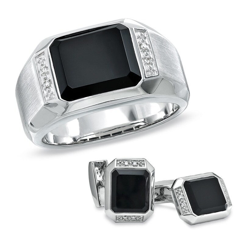 Main Image 1 of Octagonal Onyx and Diamond Accent Ring and Cuff Links Set in Sterling Silver