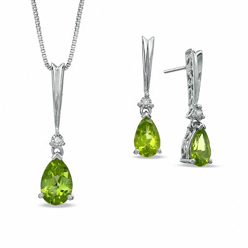 Main Image 1 of Pear-Shaped Peridot and Diamond Accent Drop Pendant and Earrings Set in Sterling Silver