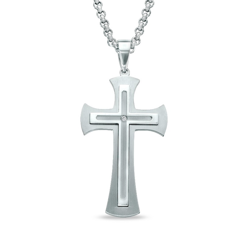 Main Image 1 of Men's Diamond Accent Cross Pendant in Stainless Steel - 24"