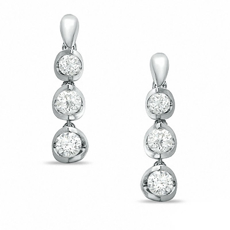 1 CT. T.W. Certified Canadian Diamond Three Stone Drop Earrings in 14K White Gold (I/I2)