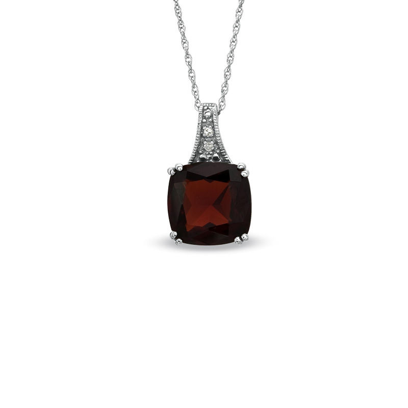 9.0mm Cushion-Cut Garnet and Diamond Accent Drop Pendant in 14K White Gold