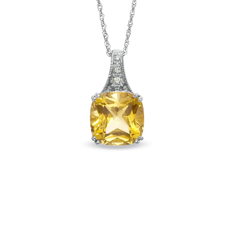 Main Image 1 of 9.0mm Cushion-Cut Citrine and Diamond Accent Drop Pendant in 14K White Gold