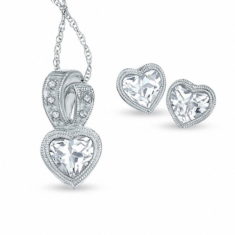 Main Image 1 of 6.0mm Heart-Shaped Lab-Created White Sapphire and Diamond Pendant and Earrings Set in Sterling Silver