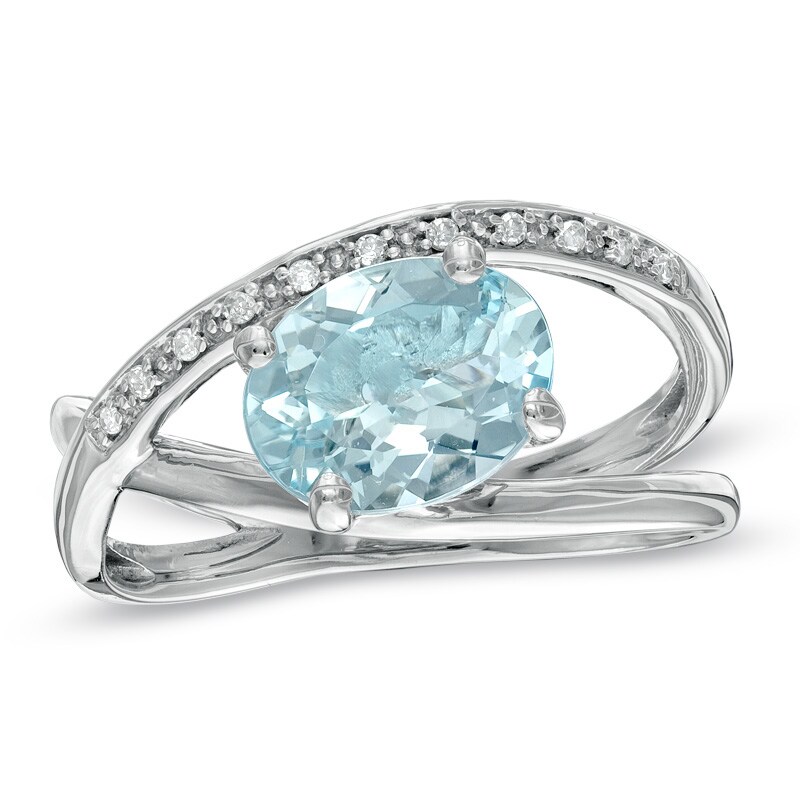 Main Image 1 of Oval Aquamarine and Diamond Accent Orbit Ring in Sterling Silver