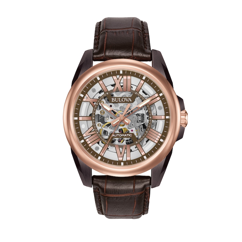Main Image 1 of Men's Bulova Classic Automatic Two-Tone Strap Watch with Brown Skeleton Dial (Model: 98A165)