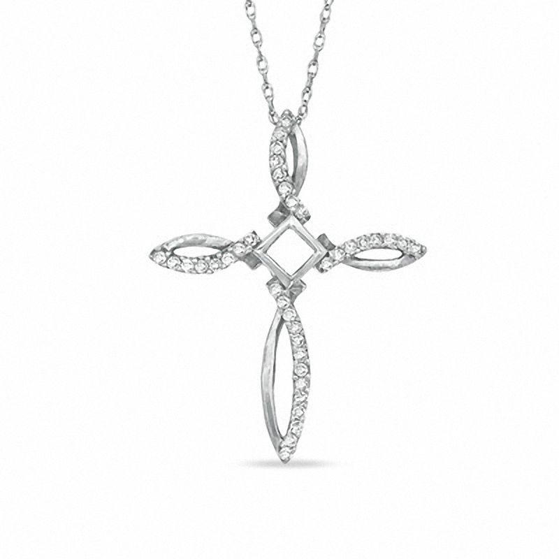 Main Image 1 of 1/5 CT. T.W. Princess-Cut and Round Diamond Ichthys Cross Pendant in 10K White Gold