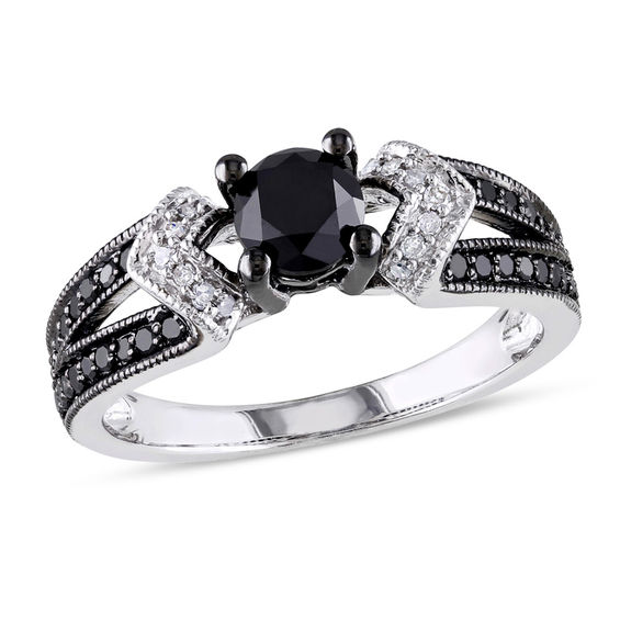 1 CT. T.W. Enhanced Black and White Diamond Split Shank Engagement Ring in Sterling Silver