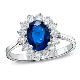 Oval Blue Sapphire and 3/8 CT. T.W. Diamond Shadow Frame Engagement Ring in 14K White Gold