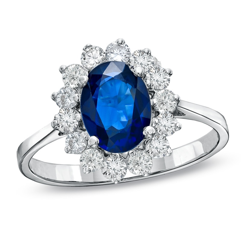 Main Image 1 of Oval Blue Sapphire and 3/8 CT. T.W. Diamond Shadow Frame Engagement Ring in 14K White Gold