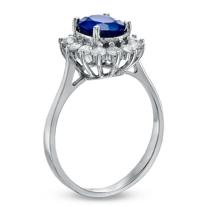 Oval Blue Sapphire and 3/8 CT. T.W. Diamond Shadow Frame Engagement Ring in 14K White Gold