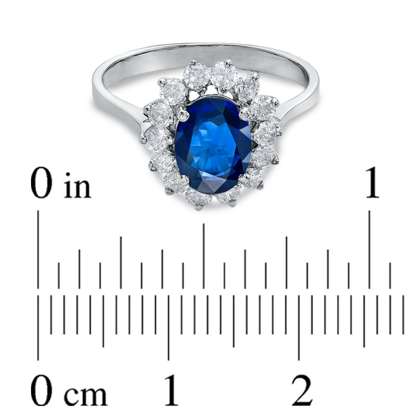 Oval Blue Sapphire and 3/8 CT. T.W. Diamond Shadow Frame Engagement Ring in 14K White Gold