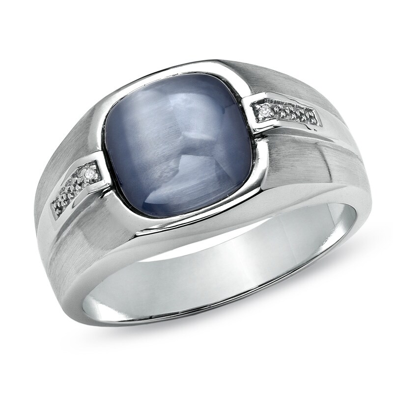 Main Image 1 of Men's 10.0mm Cushion-Cut Simulated Cat's Eye and Diamond Accent Ring in  10K White Gold