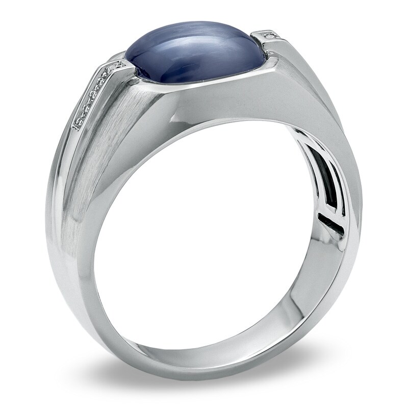 Main Image 2 of Men's 10.0mm Cushion-Cut Simulated Cat's Eye and Diamond Accent Ring in  10K White Gold