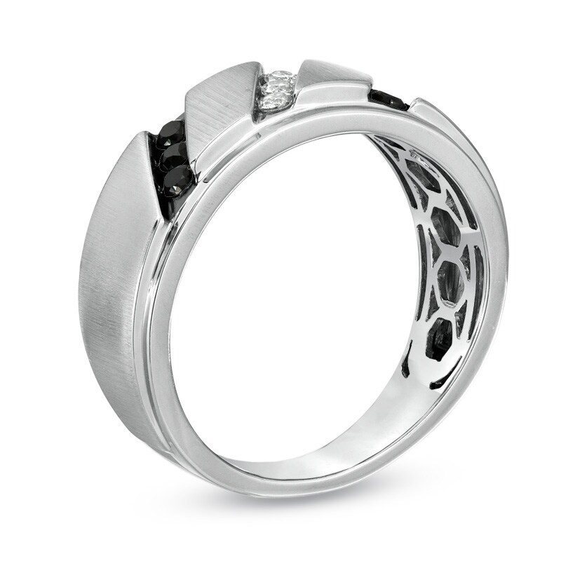 Main Image 2 of 1/3 CT. T.W. Enhanced Black and White Diamond Slant Wedding Band in Sterling Silver