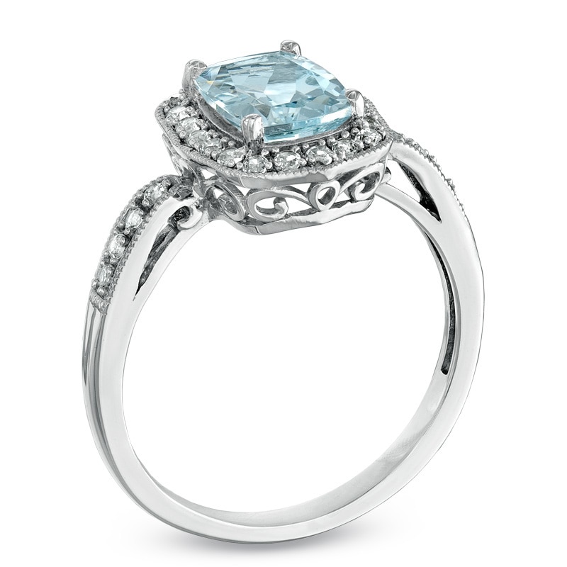 Main Image 2 of Cushion-Cut Aquamarine and Lab-Created White Sapphire Frame Ring in Sterling Silver