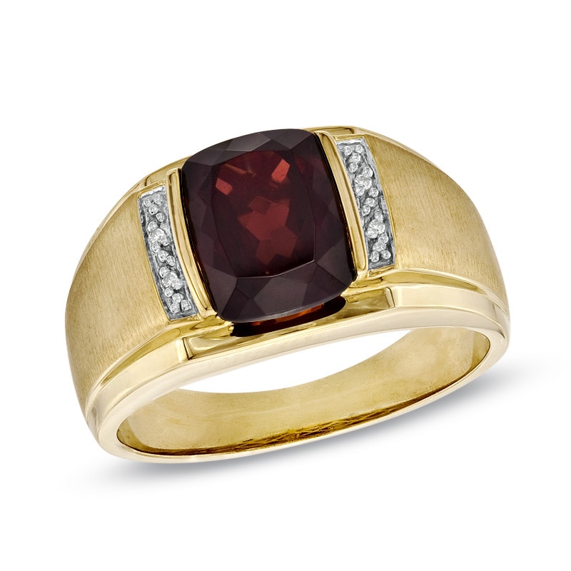 Main Image 1 of Men's Cushion-Cut Garnet and Diamond Accent Ring in 10K Gold