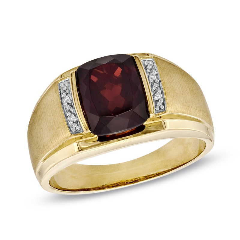 Men's Cushion-Cut Garnet and Diamond Accent Ring in 10K Gold