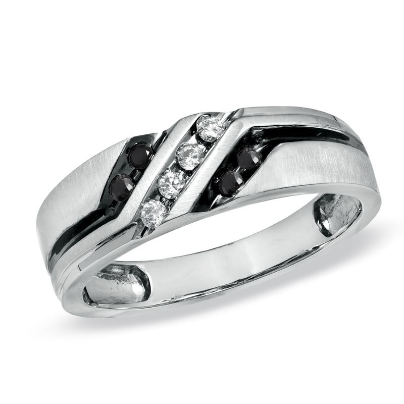 Main Image 1 of 1/5 CT. T.W. Black and White Diamond Slant Wedding Band in 10K White Gold