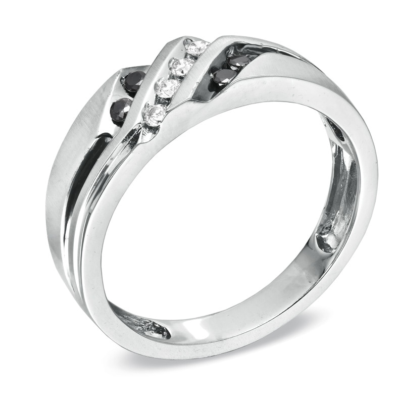 Main Image 2 of 1/5 CT. T.W. Black and White Diamond Slant Wedding Band in 10K White Gold