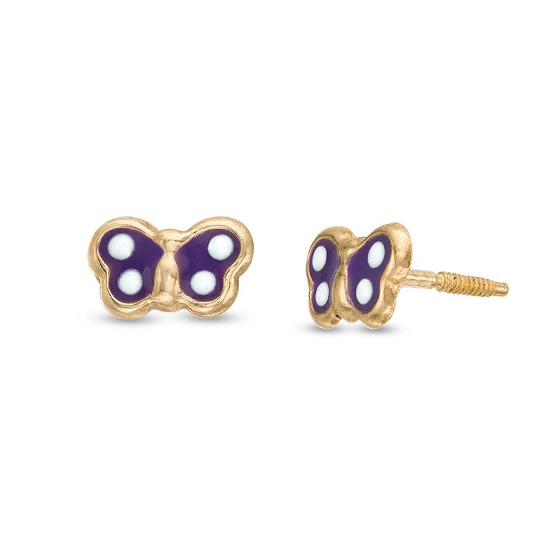 Child's Purple and White Enamel Butterfly Stud Earrings in 14K Gold