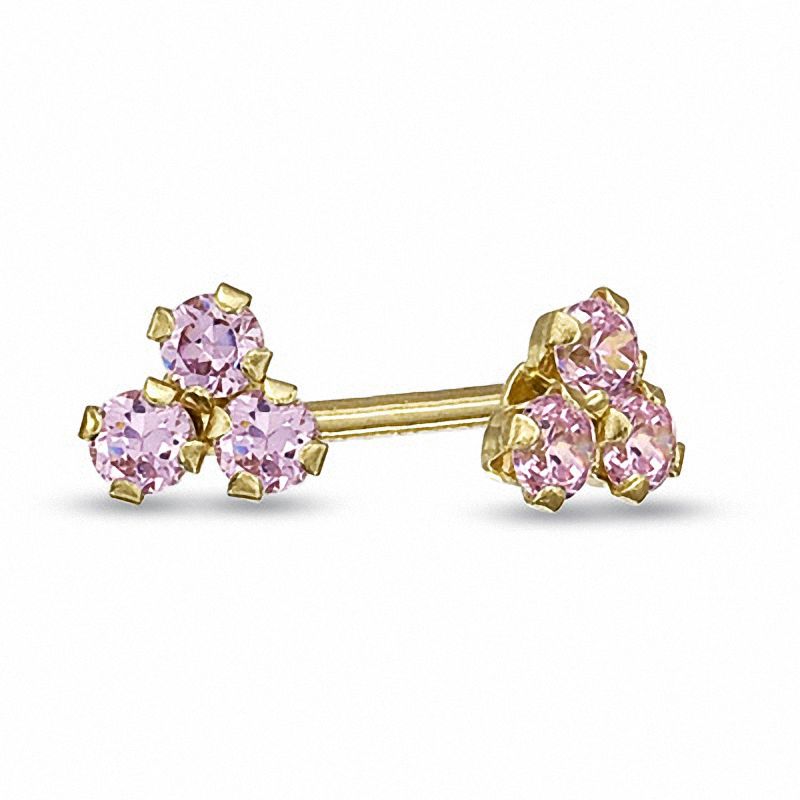 14K Yellow Gold White/Pink CZ Flower Shaped Screw Back Earrings for Girls Pink CZ