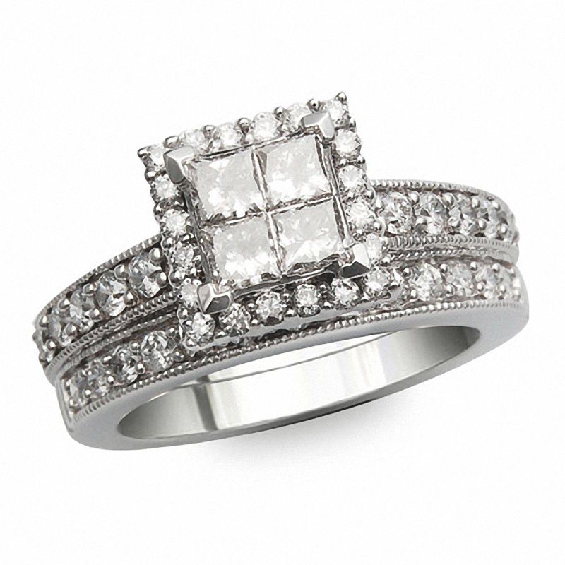 1 CT. T.W. Quad Diamond Framed Bridal Set in 14K White Gold
