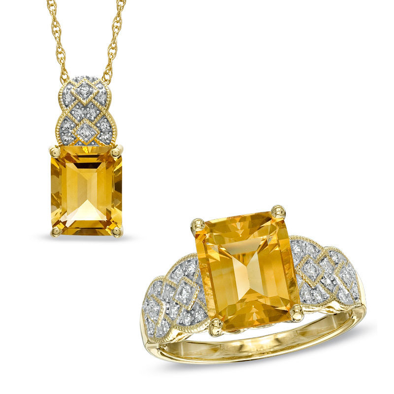 Main Image 1 of Emerald-Cut Citrine and Lab-Created White Sapphire Pendant and Ring Set in Sterling Silver with 14K Gold Plate - Size 7