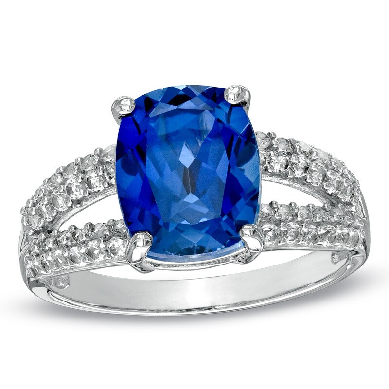 Cushion-Cut Lab-Created Blue and White Sapphire Split Shank Ring in 14K White Gold