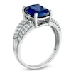 Cushion-Cut Lab-Created Blue and White Sapphire Split Shank Ring in 14K White Gold